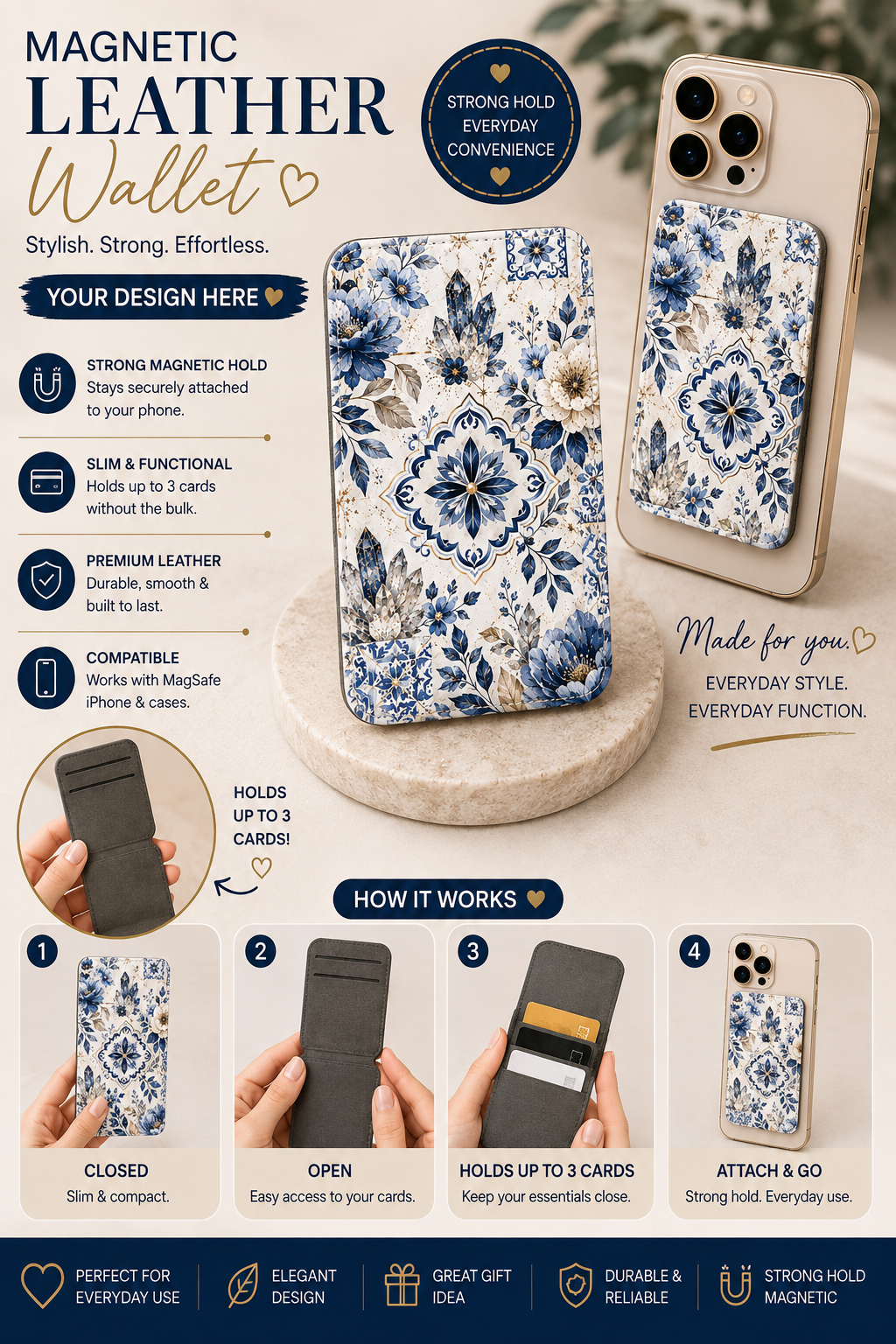 Blue Floral Magnetic Leather Wallet – MagSafe Card Holder | Crystal & Floral Phone Wallet | Sublimated Card Holder