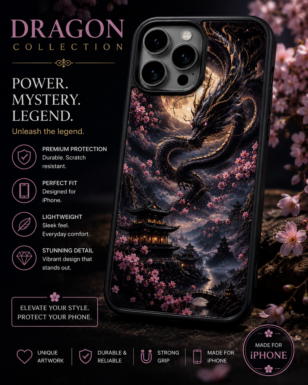 Moonlight Dragon iPhone Case – Cherry Blossom Dragon Phone Case | Mystical Fantasy Sublimated Case