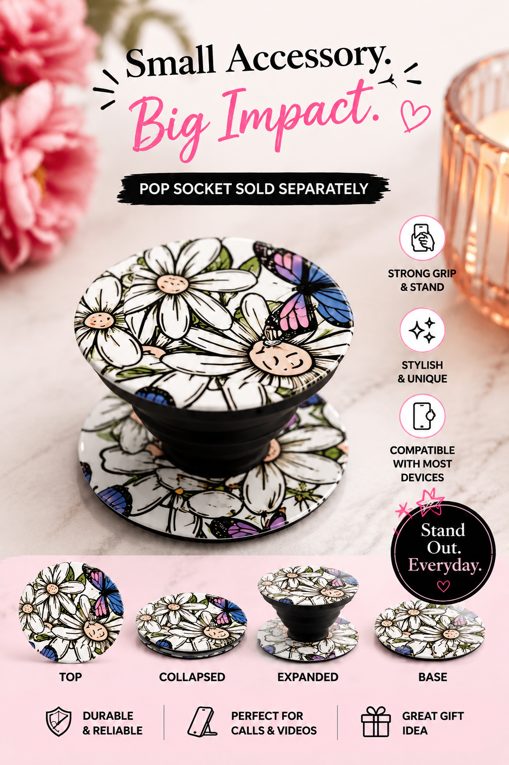 Floral Butterfly MagSafe Phone Grip | 3D Sublimated Daisy Pop Socket