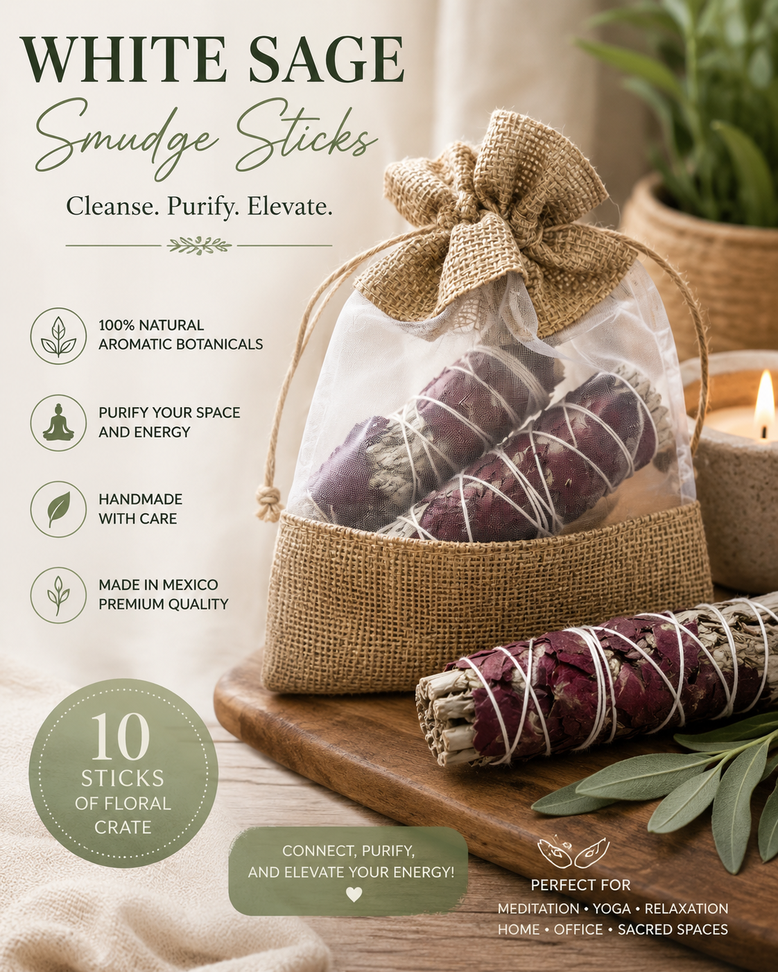 White Sage & Flower Smudge Stick – Natural Aromatic Botanical