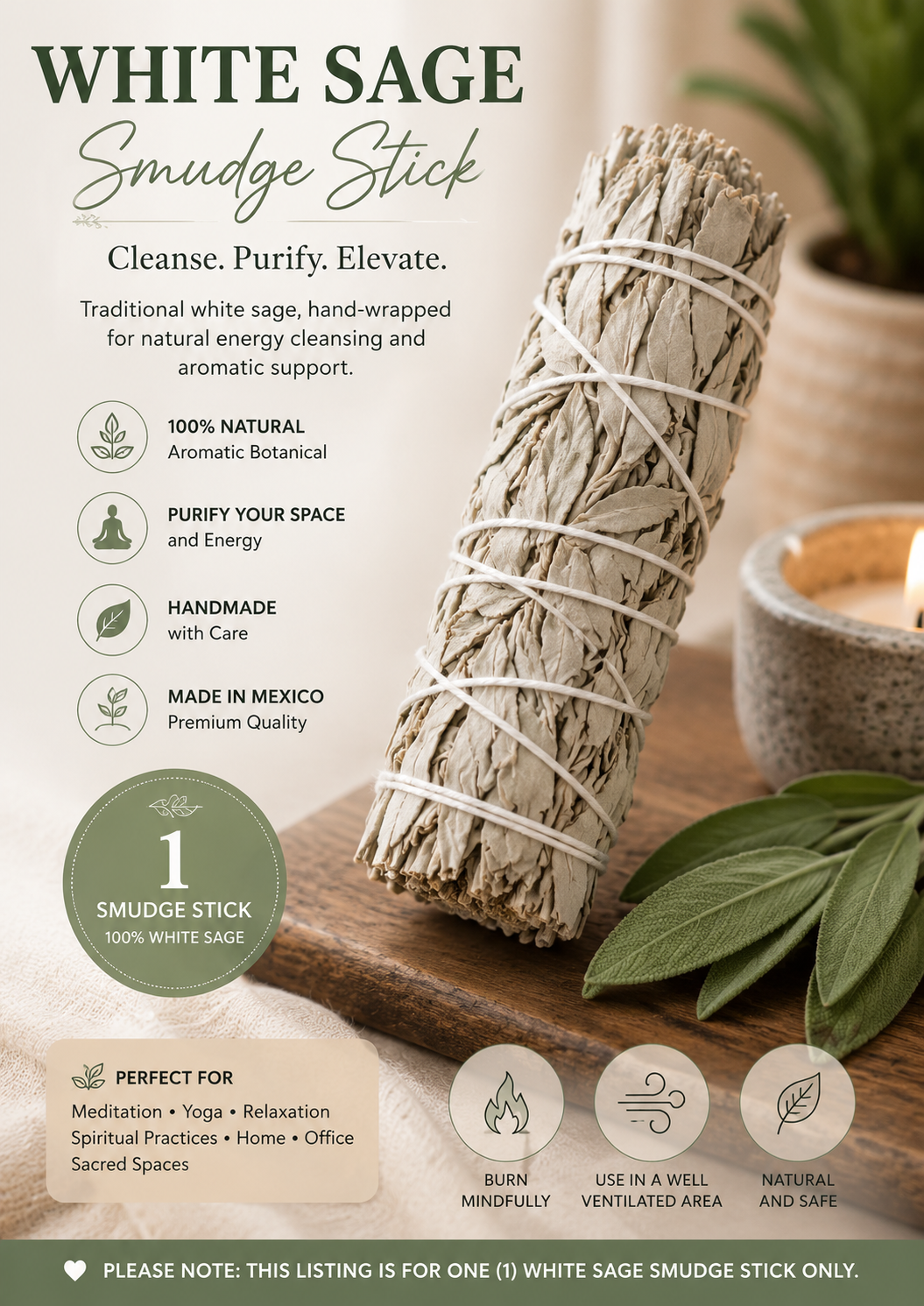 White Sage Smudge Stick – 100% Natural Aromatic Botanical