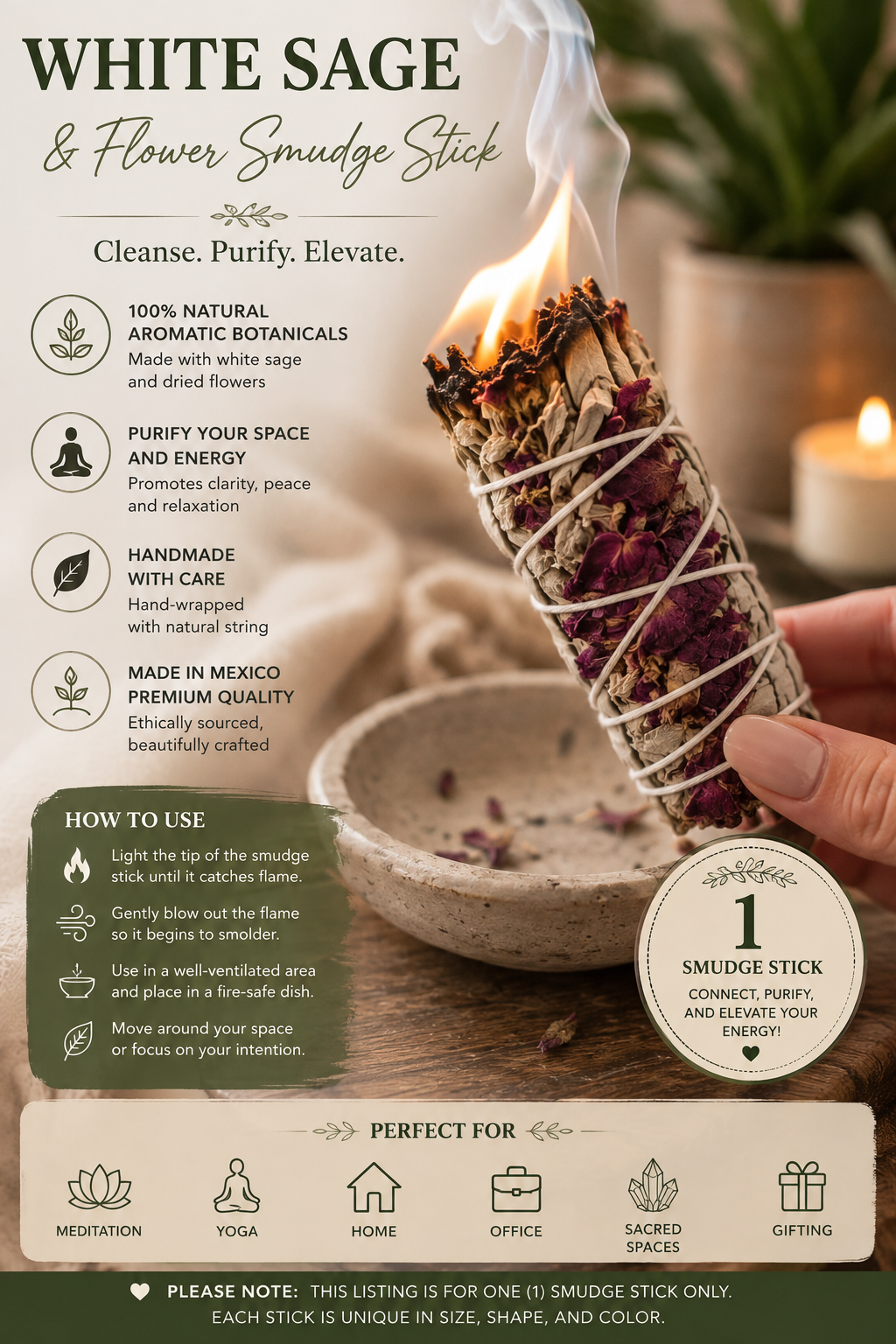 White Sage & Flower Smudge Stick – Natural Aromatic Botanical