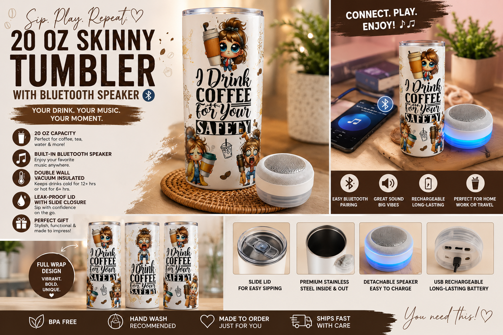 20 oz Coffee Lover Skinny Tumbler with Bluetooth Speaker