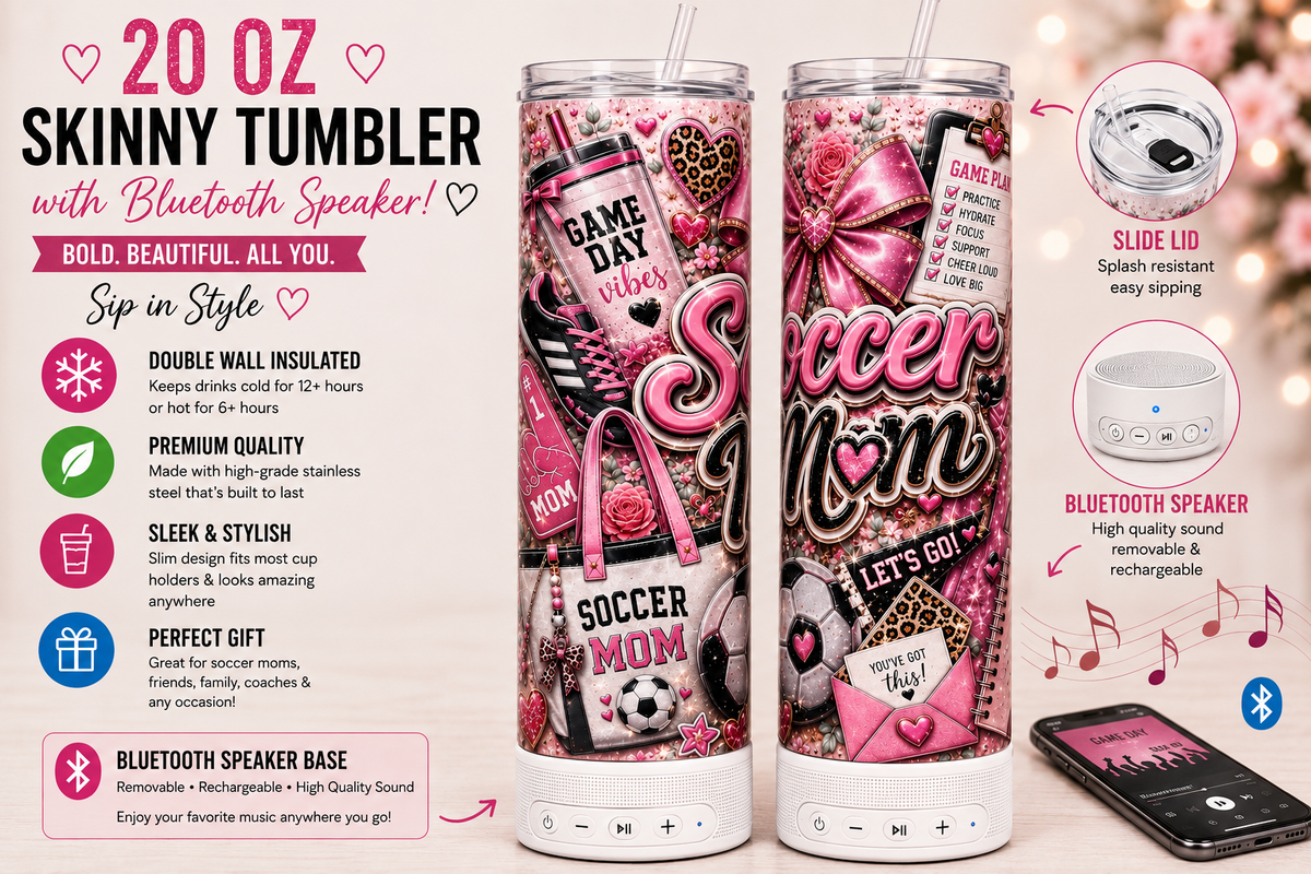 20 oz Soccer Mom Skinny Tumbler – Classic or Bluetooth Speaker ⚽🩷