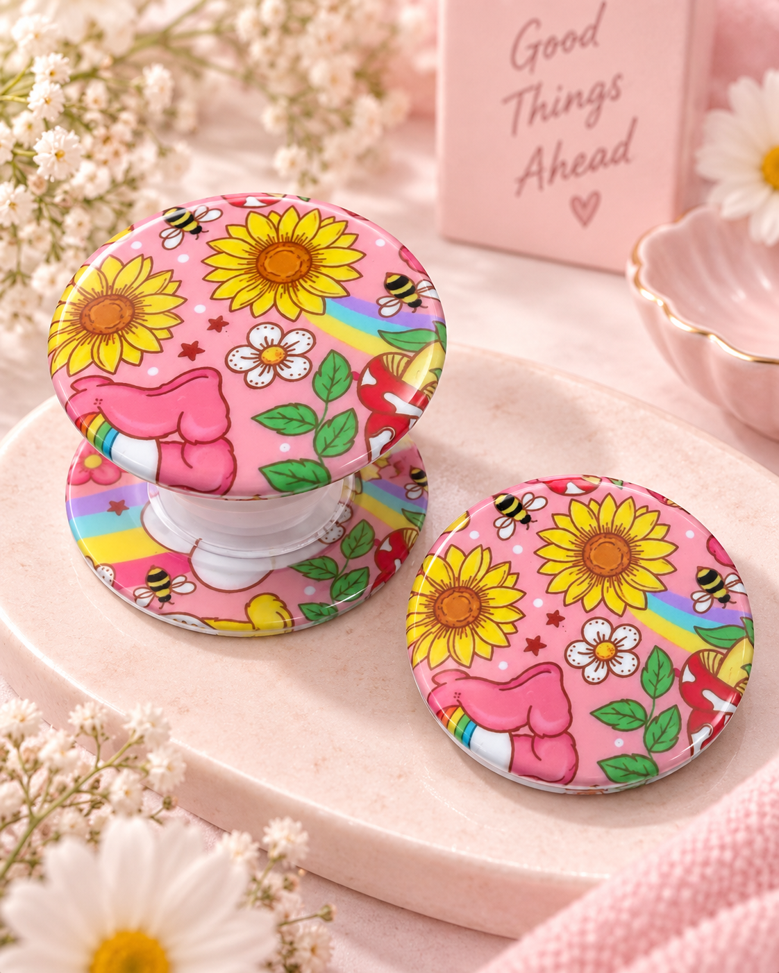 Phone Grip- Pink Sunflower Rainbow bear