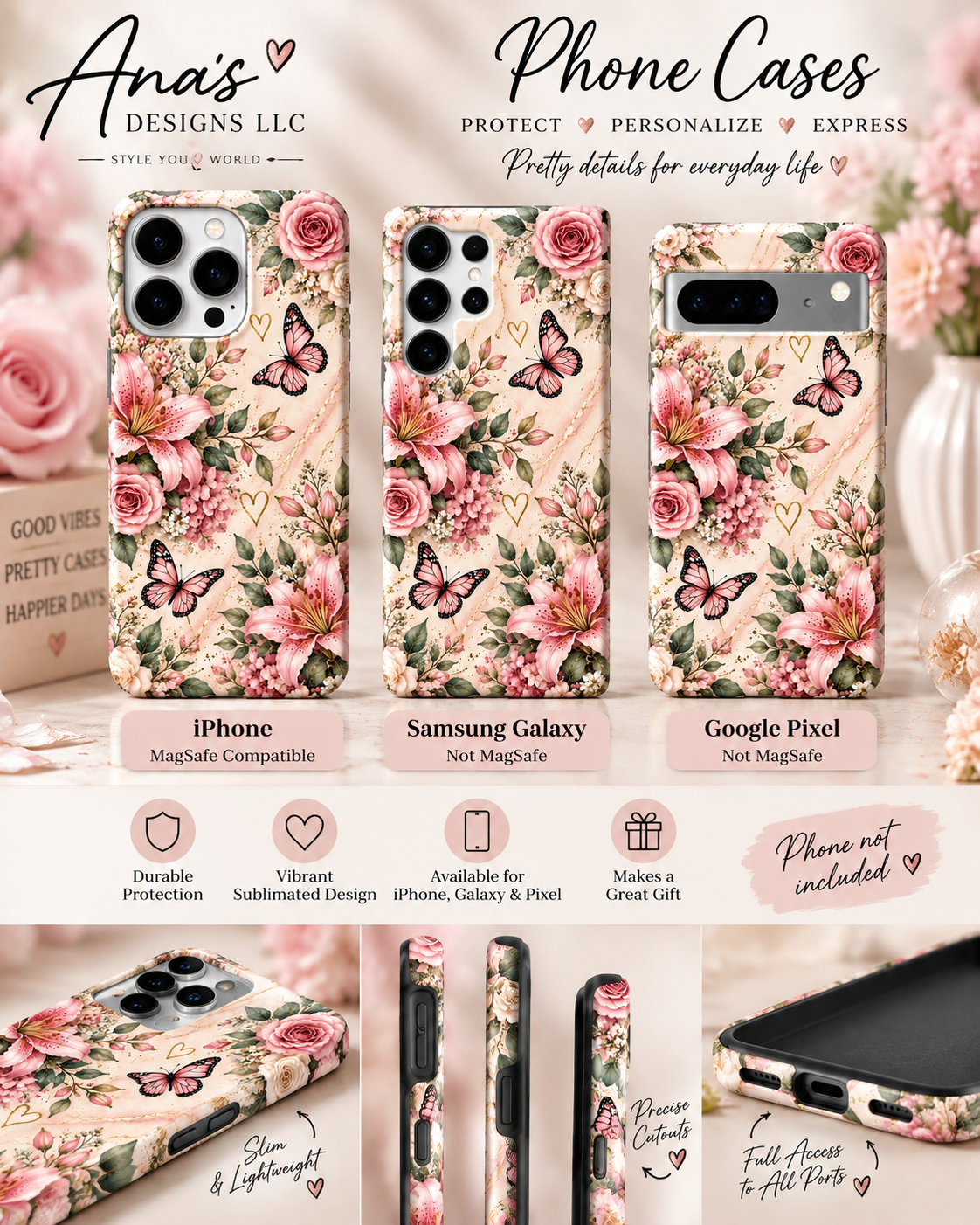 Tough MagSafe phone case- Pink Floral Butterfly 🌸🦋