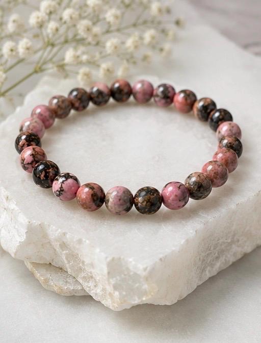Shadow Bloom Black Stripe Rhodonite Crystal Bracelet