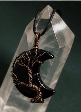 Shadow Moon Black Obsidian Wire Wrap Crescent Pendant