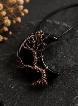 Shadow Moon Black Obsidian Wire Wrap Crescent Pendant