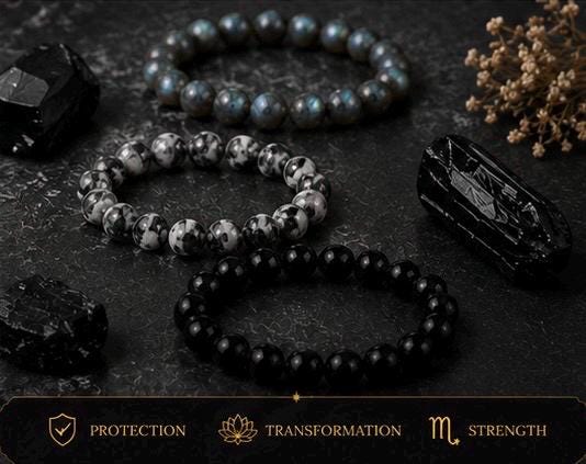 Scorpio zodiac Stack Bracelet Set – Labradorite, Obsidian, Tourmalinated Quartz