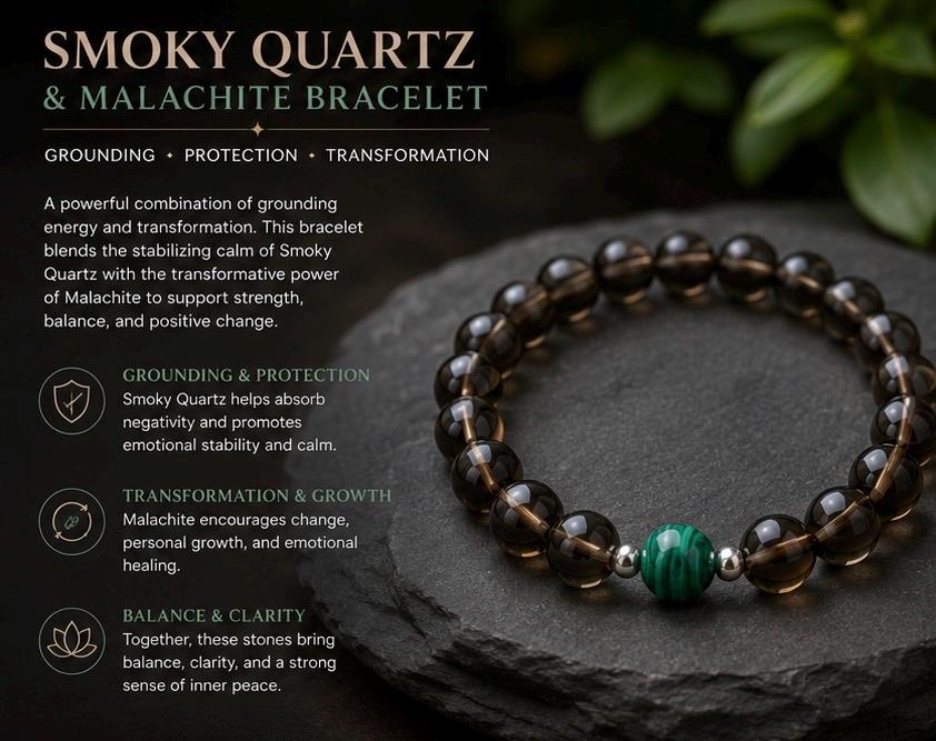 Smoky Quartz and  Malachite Bracelet • Grounding & Transformation Crystal Bracelet