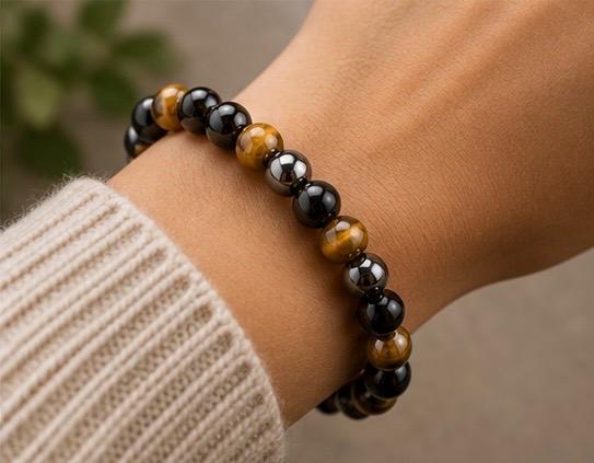 Triple pertection bracelet Black obsidian, gold tigers eye, and hematite