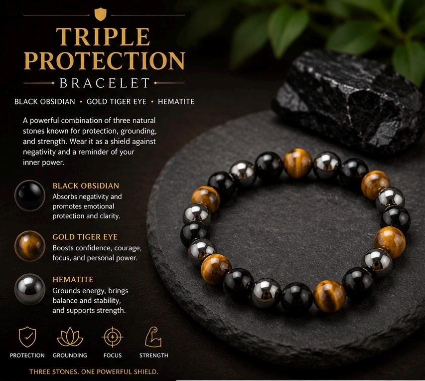 Triple pertection bracelet Black obsidian, gold tigers eye, and hematite