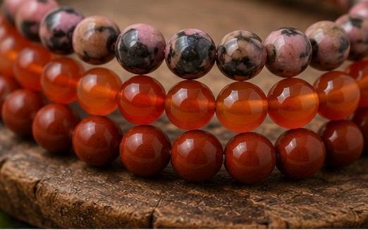 Rhodonite Carnelian Red Jasper Bracelet Stack | Natural Crystal Trio Set