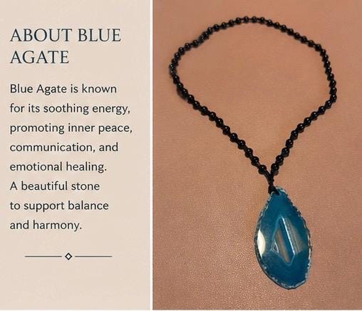 Blue Agate Slice Necklace | Handmade Black Beaded Pendant | Natural Crystal Jewelry