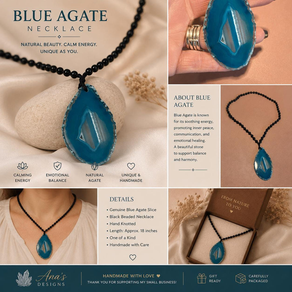 Blue Agate Slice Necklace | Handmade Black Beaded Pendant | Natural Crystal Jewelry