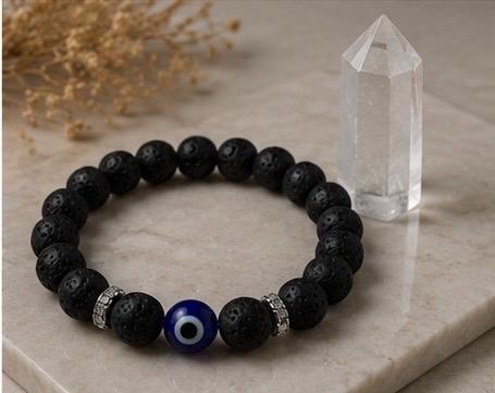Obsidian Guardian 8mm Lava Stone Evil Eye Protection Bracelet