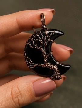 Shadow Moon Black Obsidian Wire Wrap Crescent Pendant