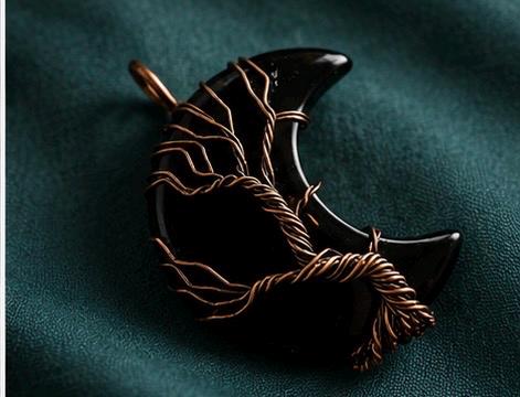 Shadow Moon Black Obsidian Wire Wrap Crescent Pendant