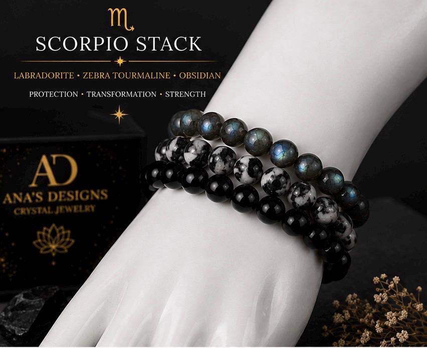 Scorpio zodiac Stack Bracelet Set – Labradorite, Obsidian, Tourmalinated Quartz