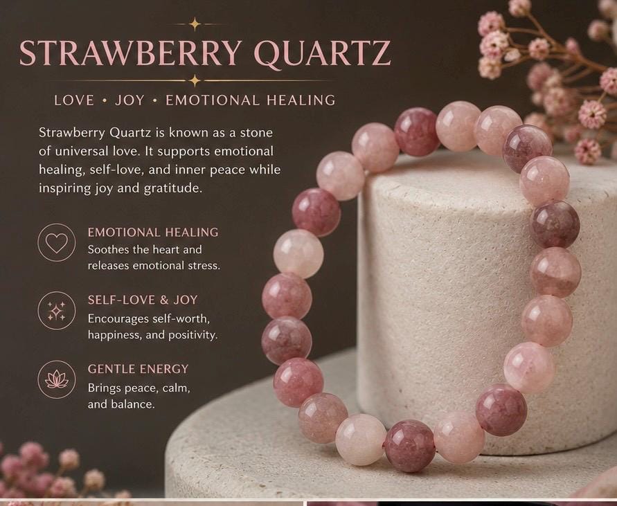 Strawberry Quartz Bracelet • 8mm Genuine Crystal Beads • Love & Emotional Healing