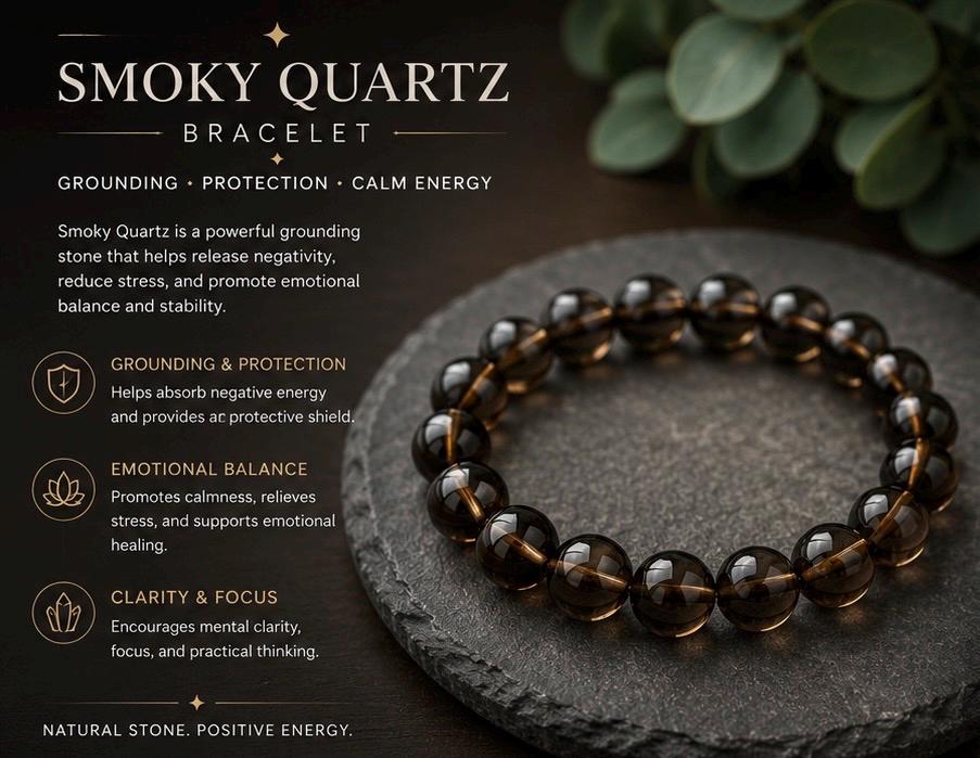 Smoky Quartz Bracelet 8 mm  • Genuine Grounding Crystal • Protection & Calm Energy