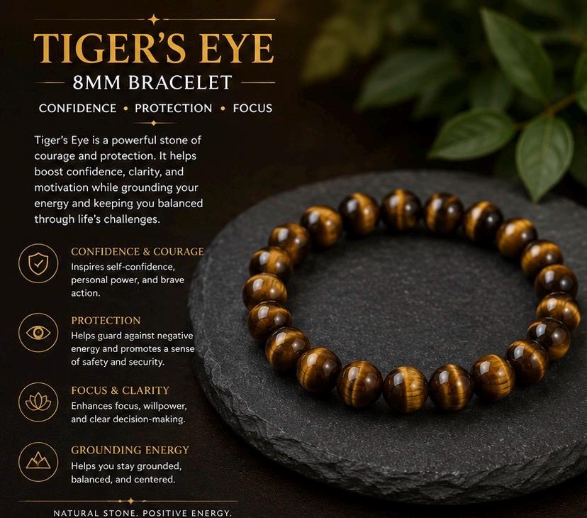 Tiger’s Eye Bracelet • 8mm Genuine Crystal Beads • Confidence & Protection Stone