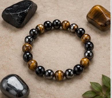 Triple pertection bracelet Black obsidian, gold tigers eye, and hematite