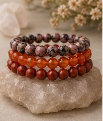 Rhodonite Carnelian Red Jasper Bracelet Stack | Natural Crystal Trio Set