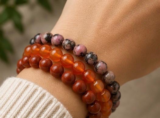 Rhodonite Carnelian Red Jasper Bracelet Stack | Natural Crystal Trio Set