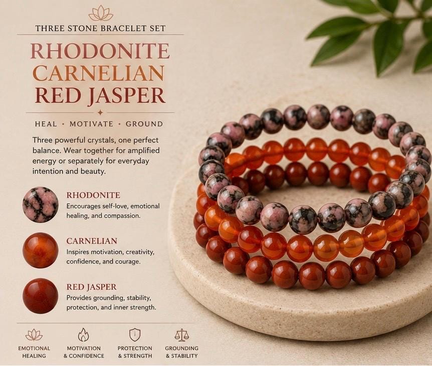Rhodonite Carnelian Red Jasper Bracelet Stack | Natural Crystal Trio Set