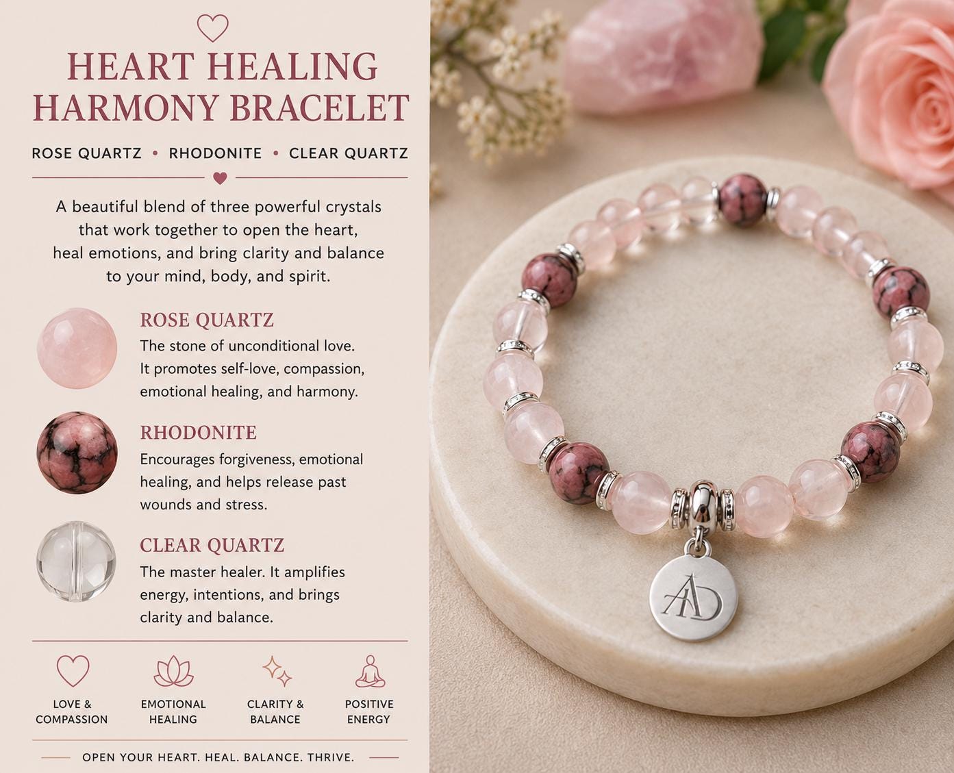 Heart Healing Harmony Bracelet Rose Quartz • Rhodonite • Clear Quartz