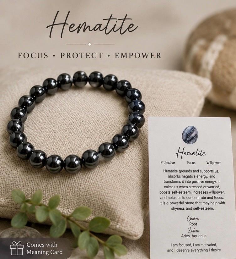 Natural Hematite Stretch Bracelet • Root Chakra Crystal Jewelry