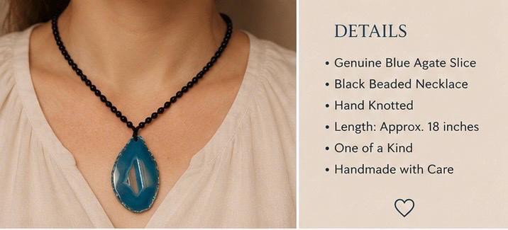 Blue Agate Slice Necklace | Handmade Black Beaded Pendant | Natural Crystal Jewelry