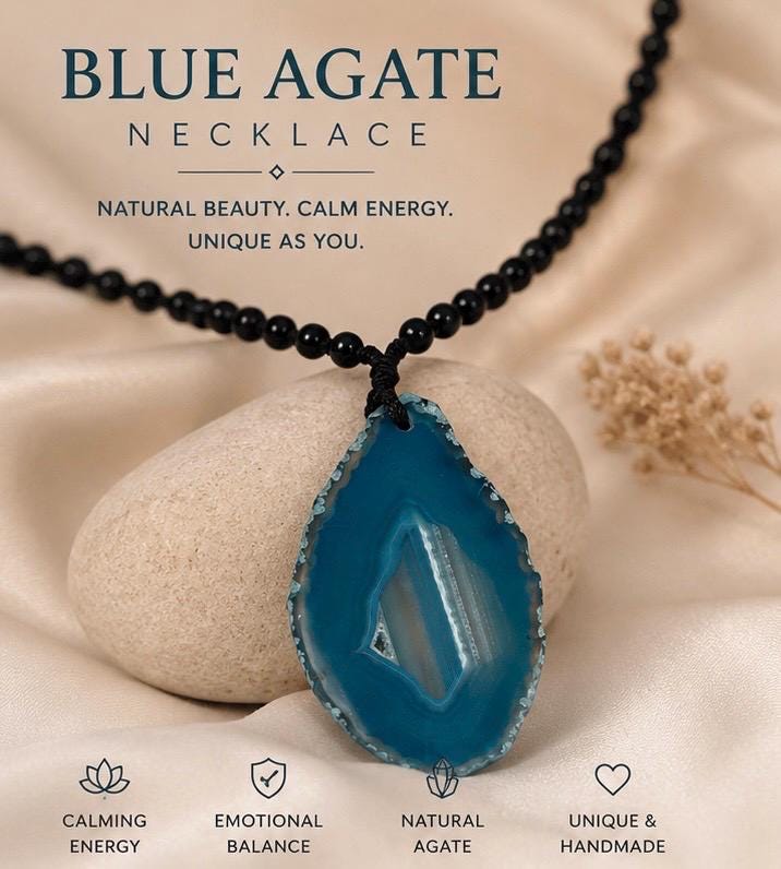 Blue Agate Slice Necklace | Handmade Black Beaded Pendant | Natural Crystal Jewelry
