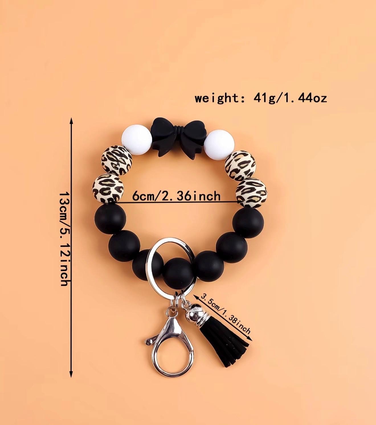 Silicone Bead Wristlet Keychain – Handmade Leopard Print Bracelet, Tassel Key Ring Holder