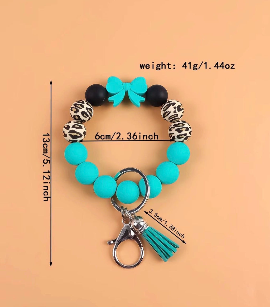 Silicone Bead Wristlet Keychain – Handmade Leopard Print Bracelet, Tassel Key Ring Holder
