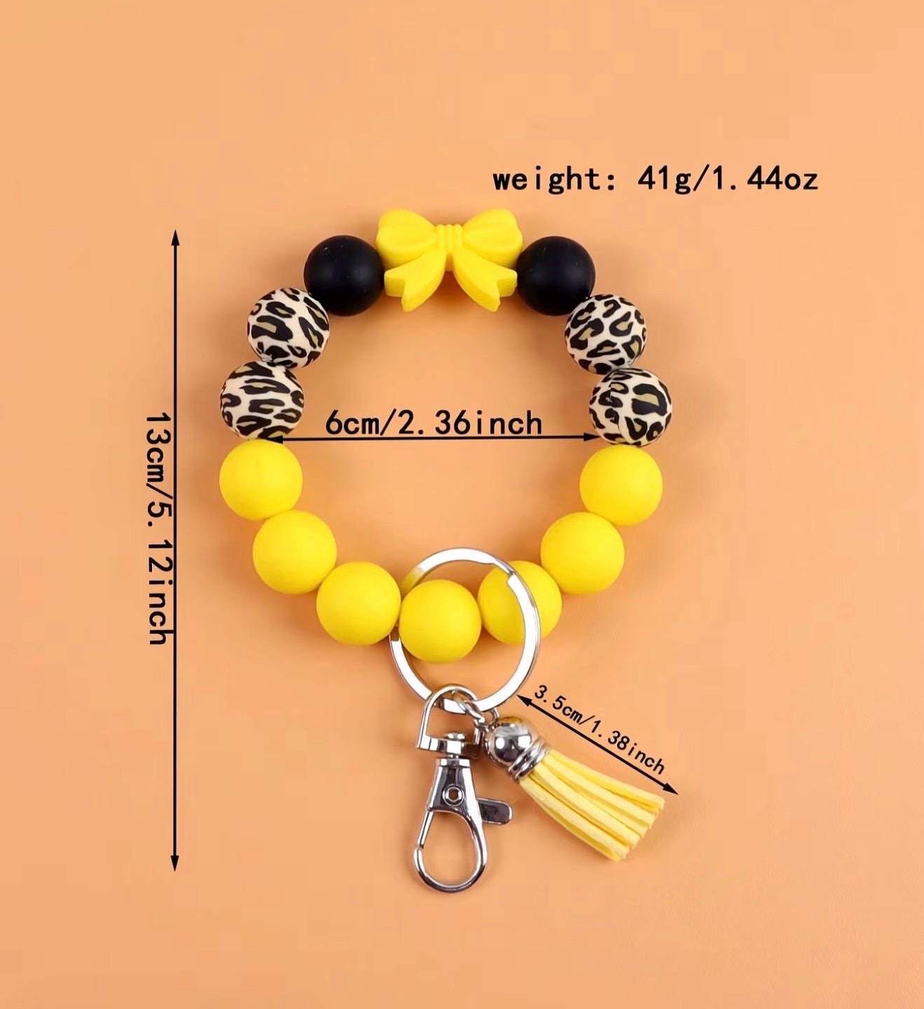 Silicone Bead Wristlet Keychain – Handmade Leopard Print Bracelet, Tassel Key Ring Holder