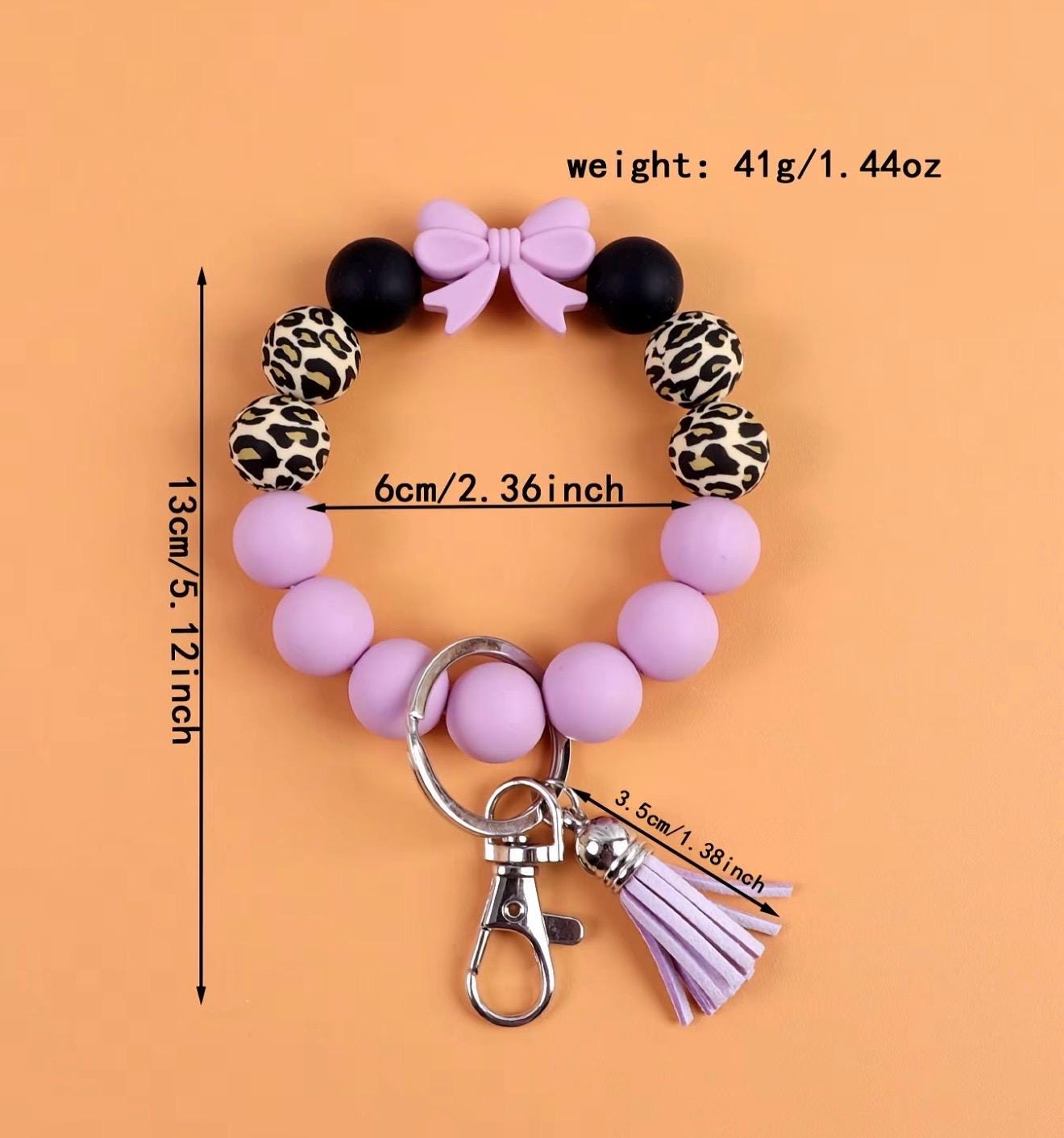 Silicone Bead Wristlet Keychain – Handmade Leopard Print Bracelet, Tassel Key Ring Holder