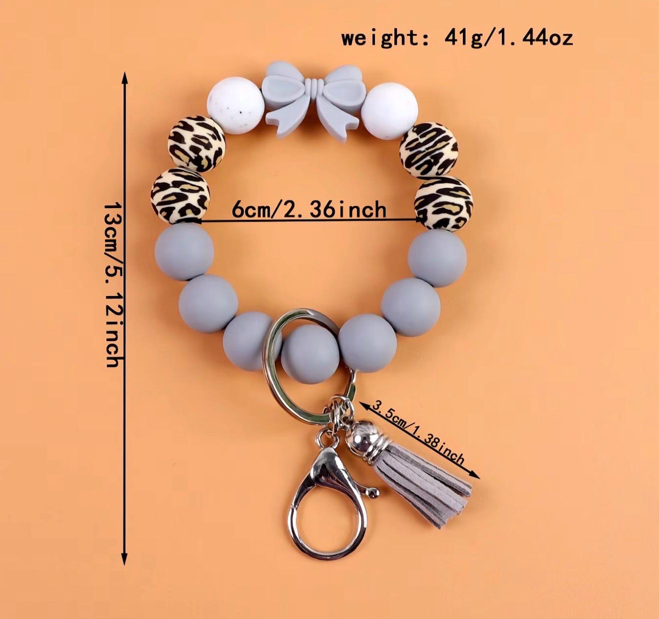 Silicone Bead Wristlet Keychain – Handmade Leopard Print Bracelet, Tassel Key Ring Holder