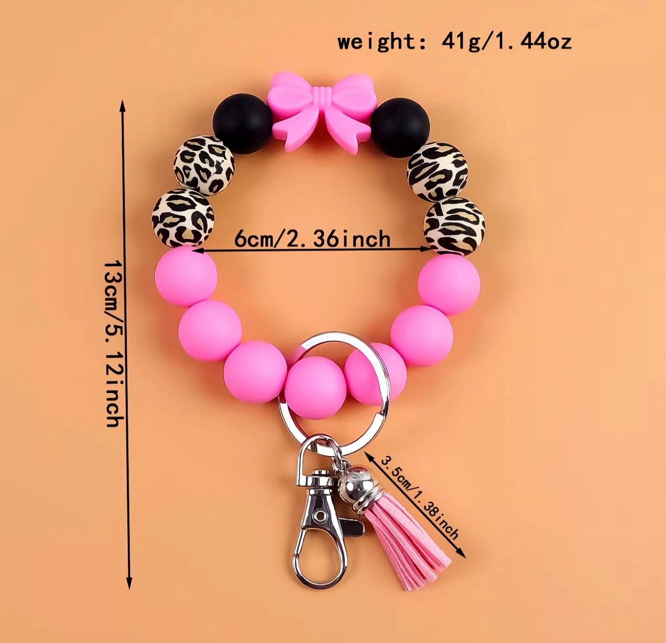 Silicone Bead Wristlet Keychain – Handmade Leopard Print Bracelet, Tassel Key Ring Holder