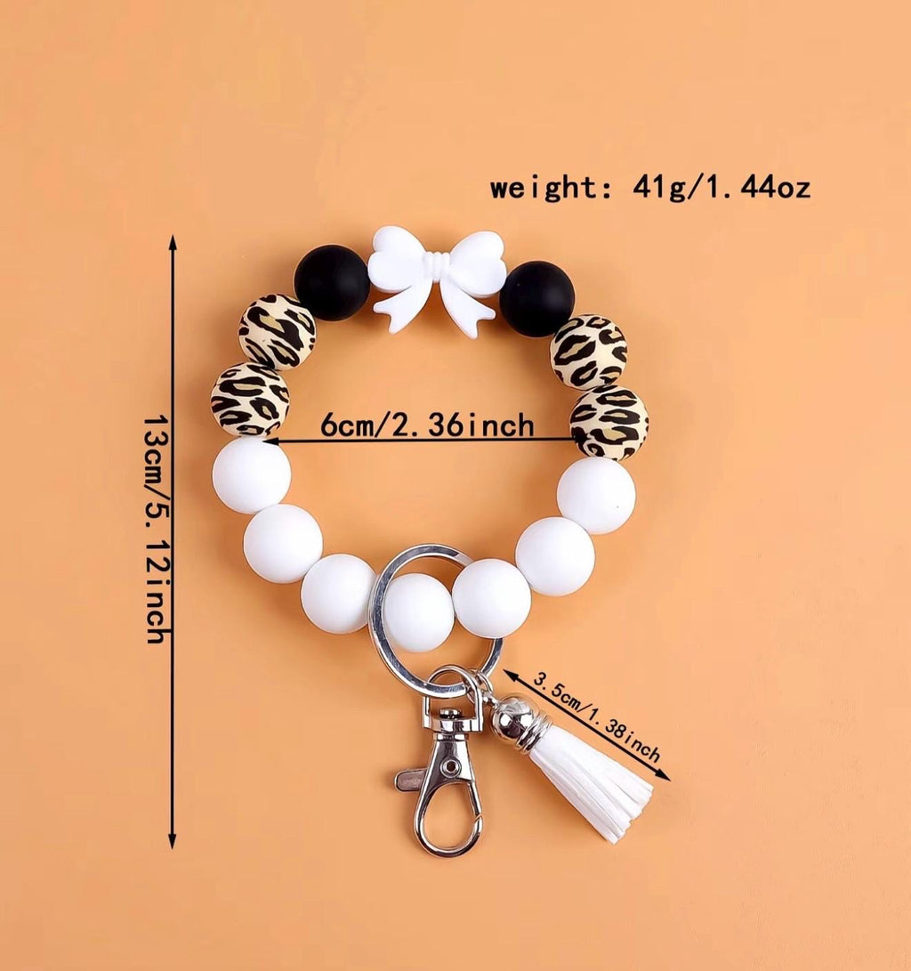 Silicone Bead Wristlet Keychain – Handmade Leopard Print Bracelet, Tassel Key Ring Holder