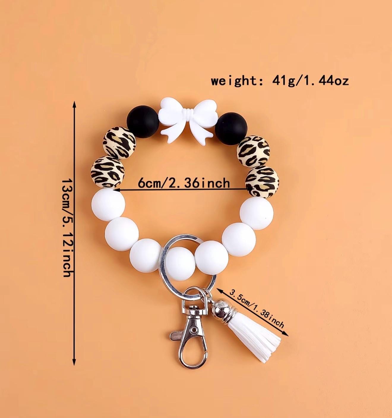 Silicone Bead Wristlet Keychain – Handmade Leopard Print Bracelet, Tassel Key Ring Holder