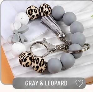 Silicone Bead Wristlet Keychain – Handmade Leopard Print Bracelet, Tassel Key Ring Holder