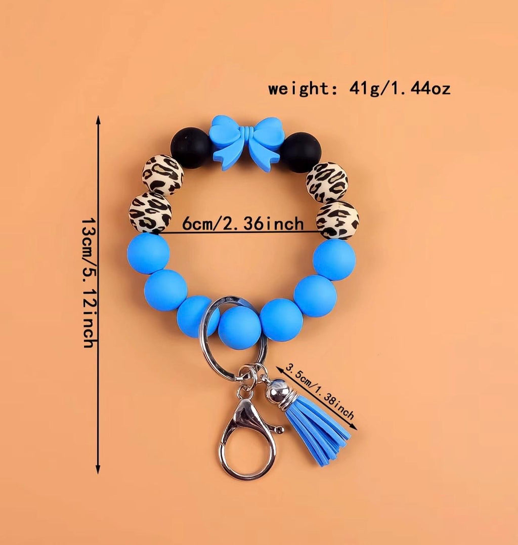 Silicone Bead Wristlet Keychain – Handmade Leopard Print Bracelet, Tassel Key Ring Holder