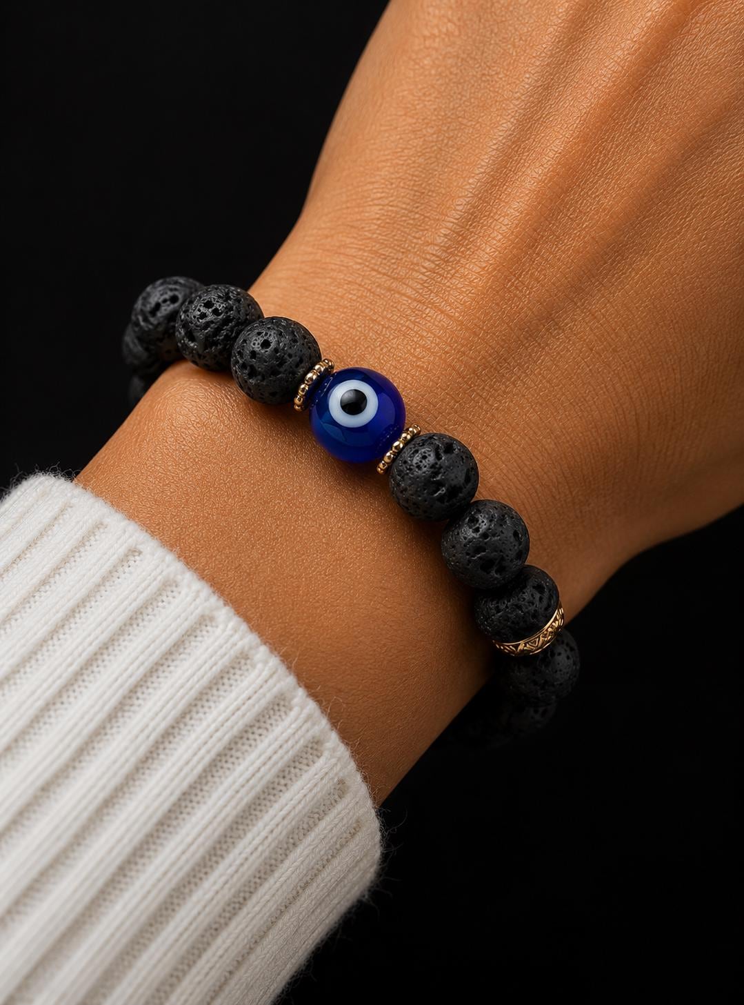 Obsidian Guardian 8mm Lava Stone Evil Eye Protection Bracelet