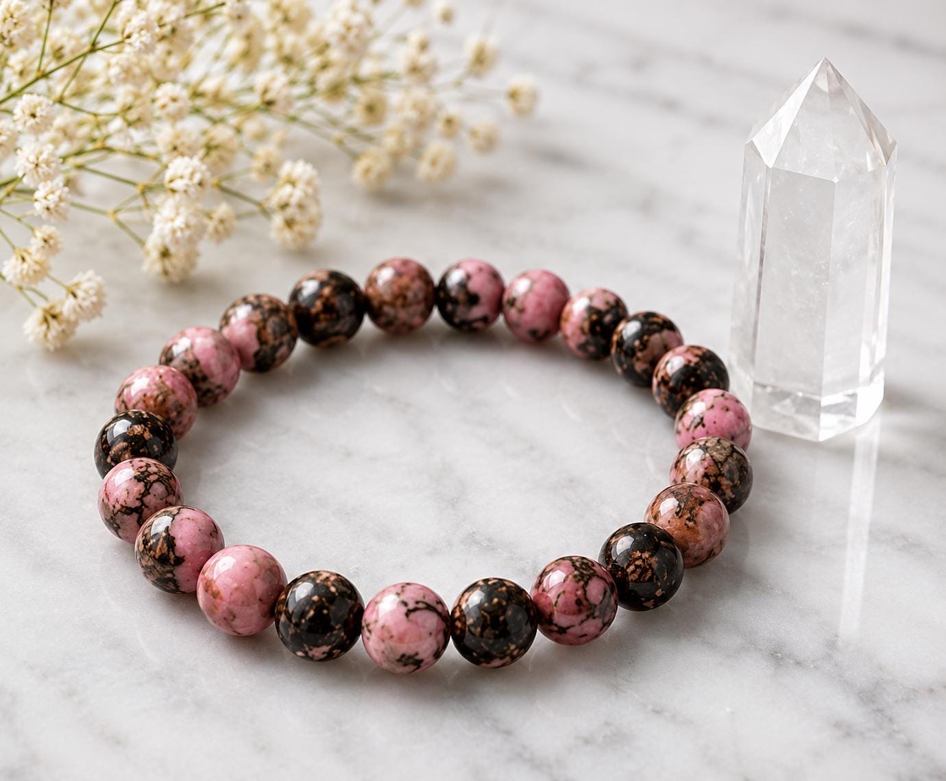 Shadow Bloom Black Stripe Rhodonite Crystal Bracelet