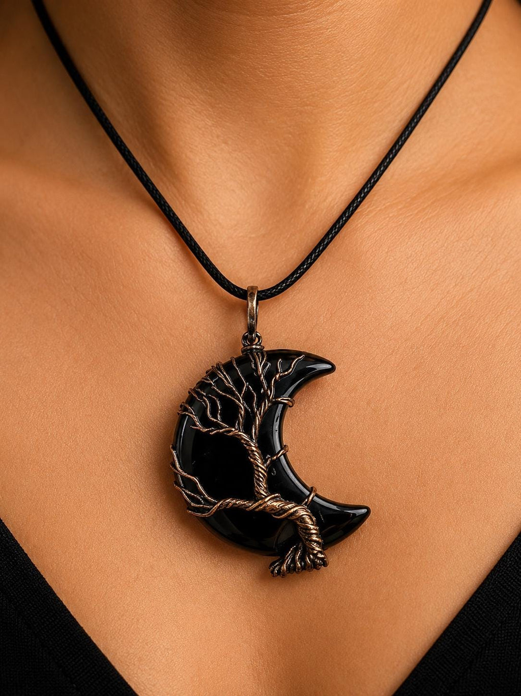 Shadow Moon Black Obsidian Wire Wrap Crescent Pendant