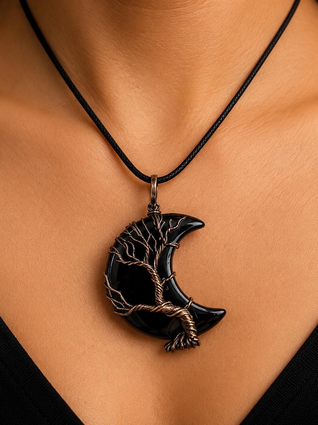 Shadow Moon Black Obsidian Wire Wrap Crescent Pendant