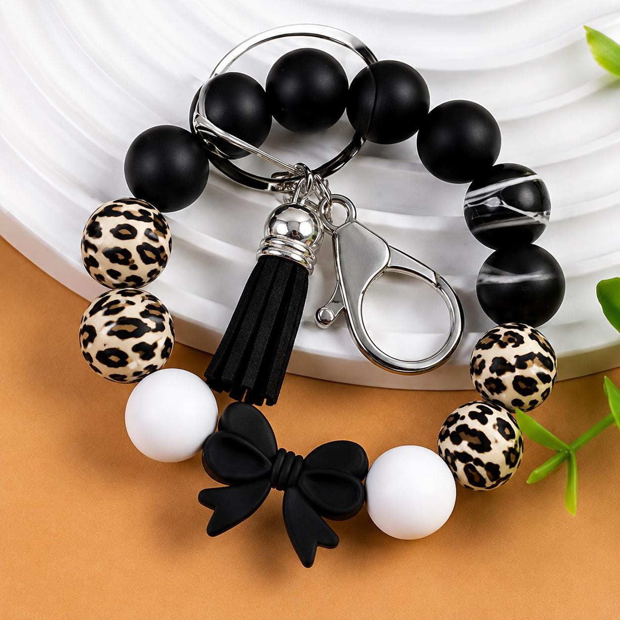 Silicone Bead Wristlet Keychain – Handmade Leopard Print Bracelet, Tassel Key Ring Holder